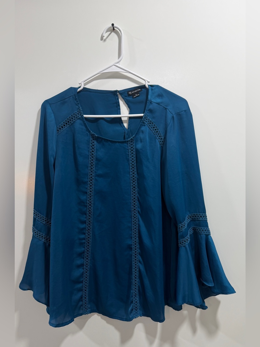 new directions Teal Blue Lace-Trim Bell Sleeve Blouse